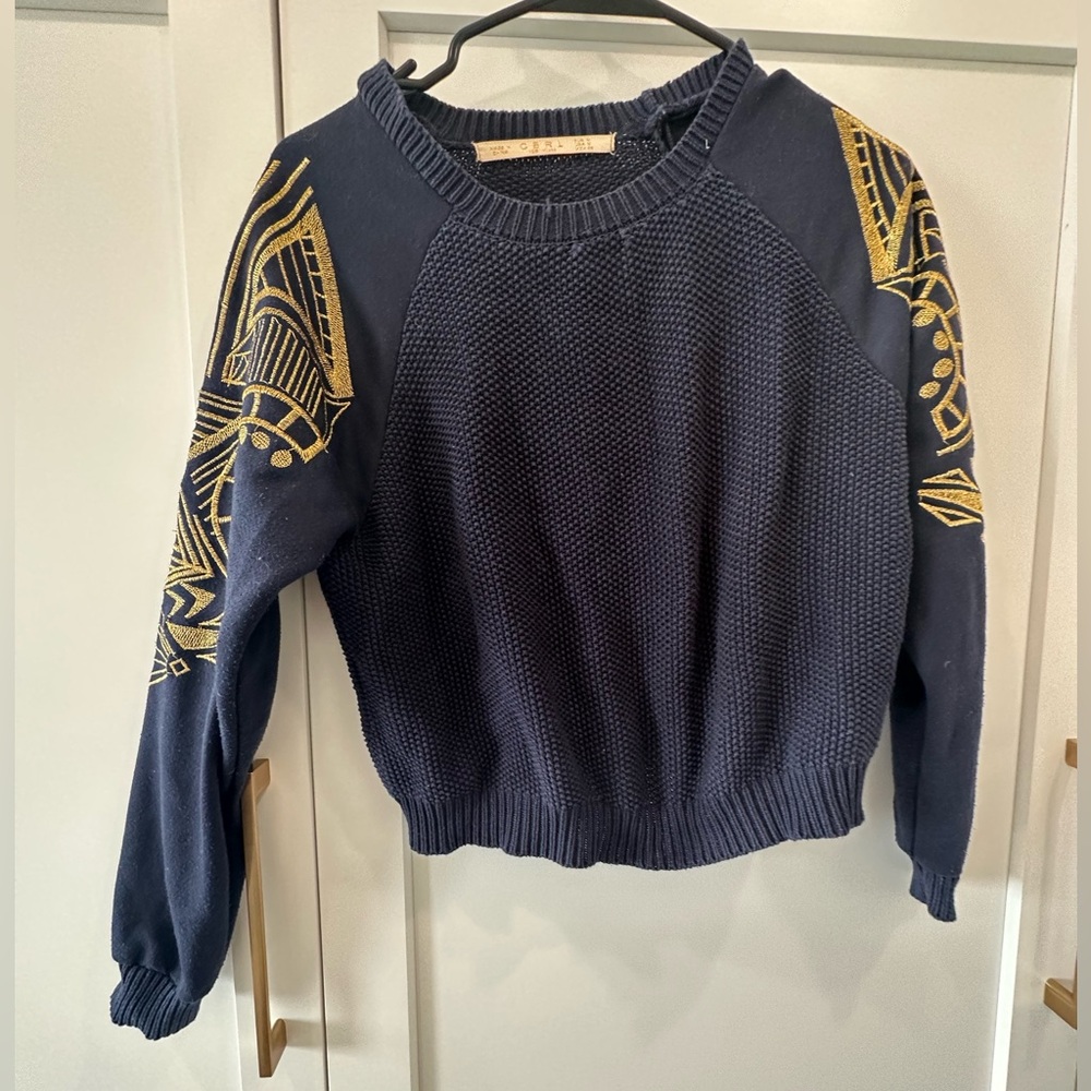 Navy with gold stitching